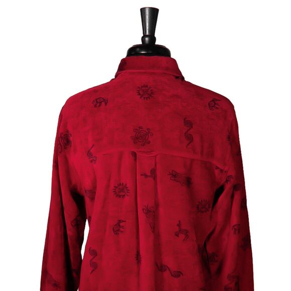 Chico's Women's Shirt Button Up Red Black Velvet Tribal Ethnic Blouse Top 1 M/8 - Picture 7 of 10